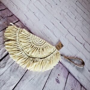 Violina Straw Crochet Raffia Fringe Clutch Half-moon Zipper Lined - Hand Crafted